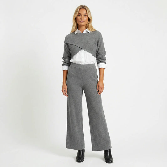 Women's Three Piece Knit Set Cropped Sweater Shirt and Wide-Leg Pants Edenforth