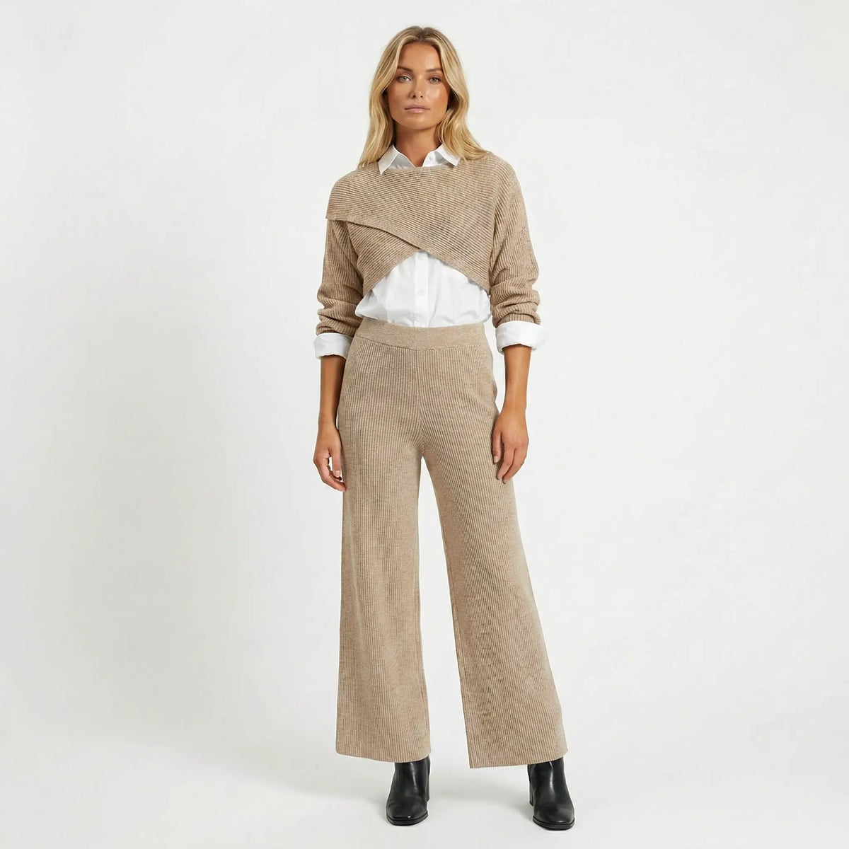 Women's Three Piece Knit Set Cropped Sweater Shirt and Wide-Leg Pants Edenforth