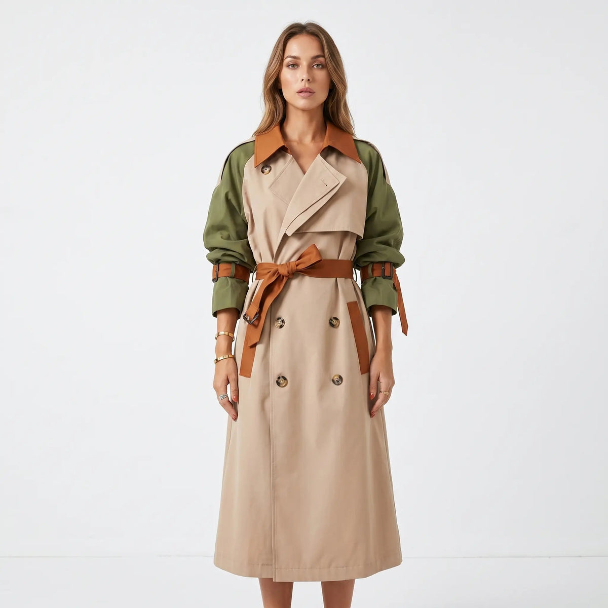 Women's Double-Breasted Color Block Belted Mid-Length Trench Winter Coat Edenforth