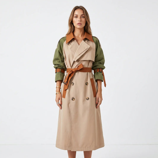 Women's Double-Breasted Color Block Belted Mid-Length Trench Winter Coat Edenforth