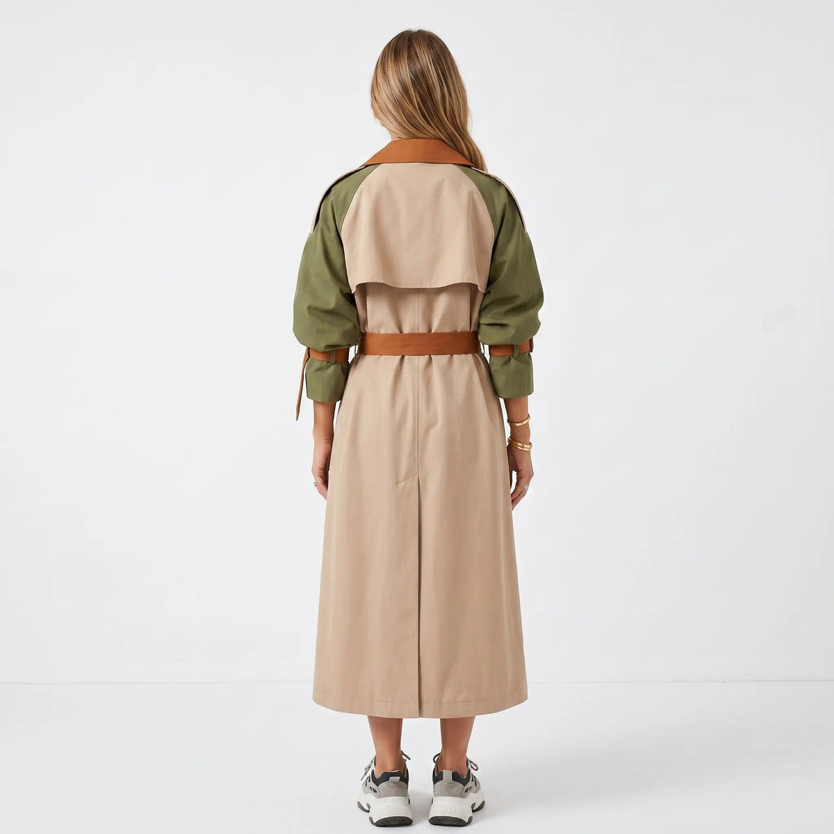 Women's Double-Breasted Color Block Belted Mid-Length Trench Winter Coat Edenforth