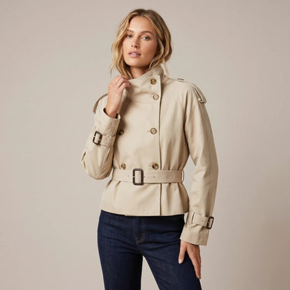 Women's Double-Breasted Short Trench Coat Belted Buckle Cuff Winter Jacket Edenforth