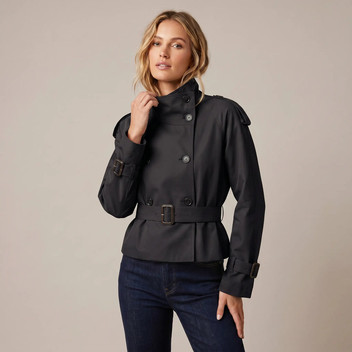Women's Double-Breasted Short Trench Coat Belted Buckle Cuff Winter Jacket Edenforth