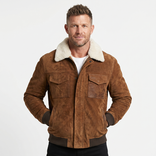 Men's Suede Leather Sherpa Collar Winter Bomber Fall Jacket Edenforth