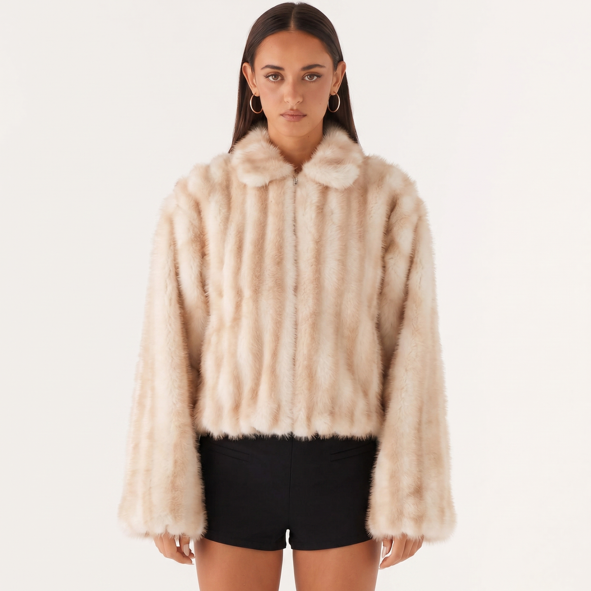 Women's Ribbed Full-Zip Cropped Plush Faux-Fur Bomber Fall Jacket Edenforth