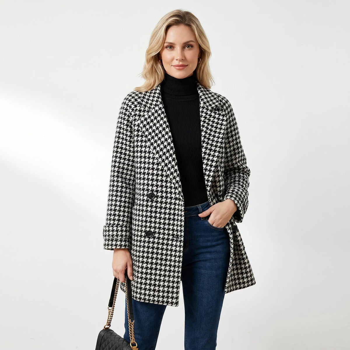 Women's Houndstooth Wool Blend Winter Coat Edenforth