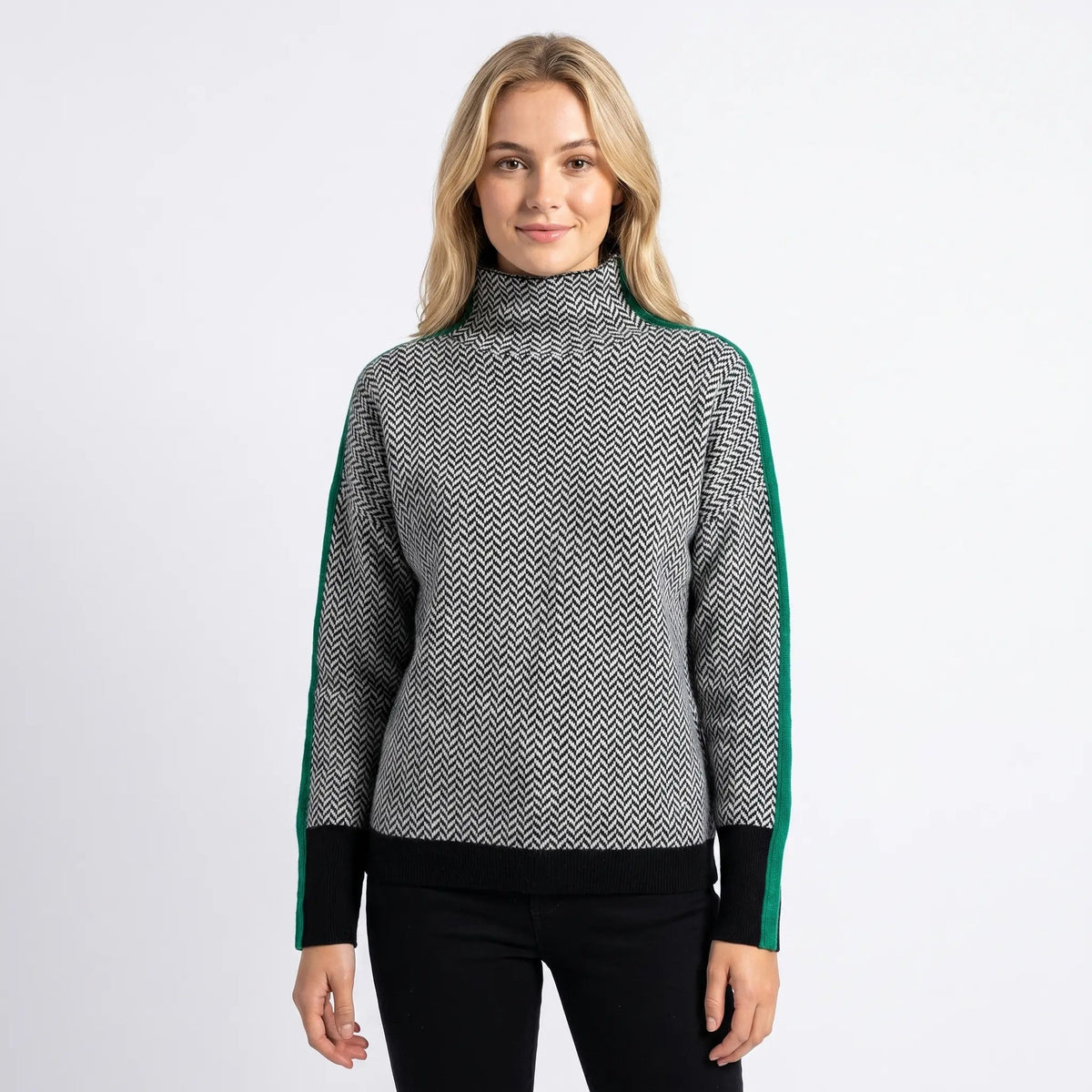 Women's Roll Neck Winter Sweater Herringbone Contrast Trim Knit Edenforth