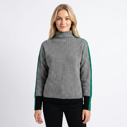 Women's Roll Neck Winter Sweater Herringbone Contrast Trim Knit Edenforth