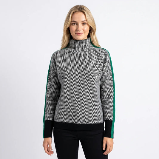 Women's Roll Neck Winter Sweater Herringbone Contrast Trim Knit Edenforth