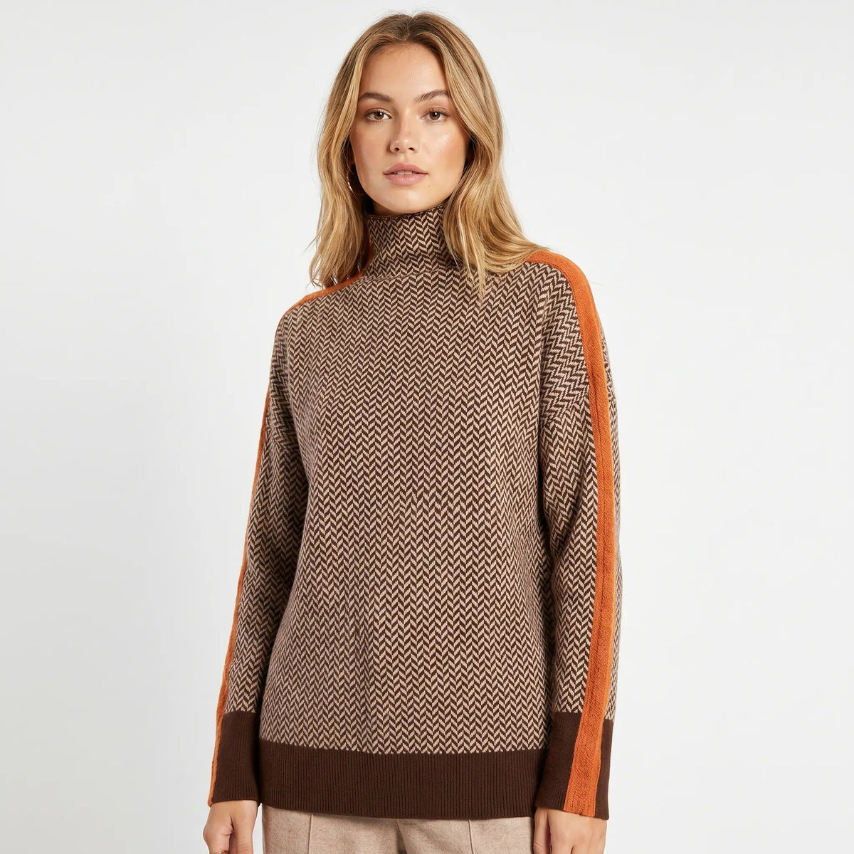Women's Roll Neck Winter Sweater Herringbone Contrast Trim Knit Edenforth