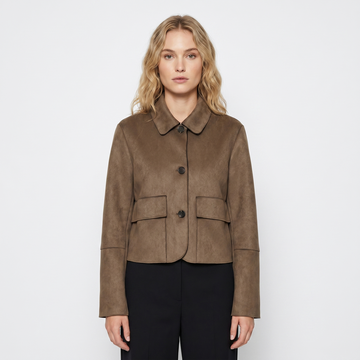 Women's Brown Suede Jacket Cropped Collared Button-Up Edenforth