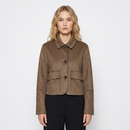 Women's Brown Suede Jacket Cropped Collared Button-Up Edenforth
