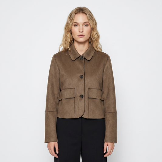 Women's Brown Suede Jacket Cropped Collared Button-Up Edenforth