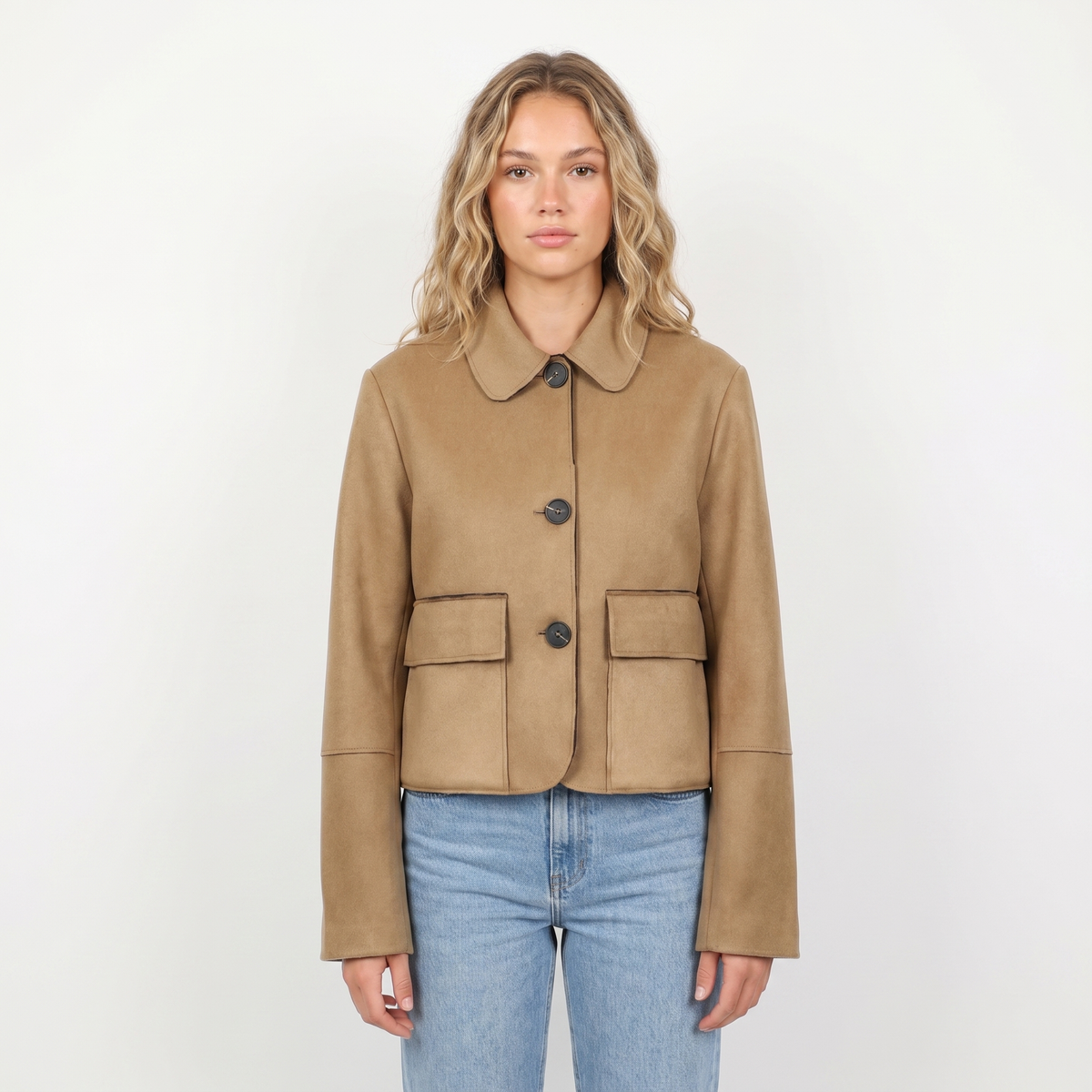 Women's Brown Suede Jacket Cropped Collared Button-Up Edenforth