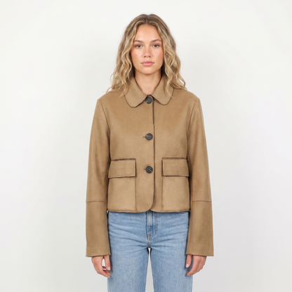 Women's Brown Suede Jacket Cropped Collared Button-Up Edenforth