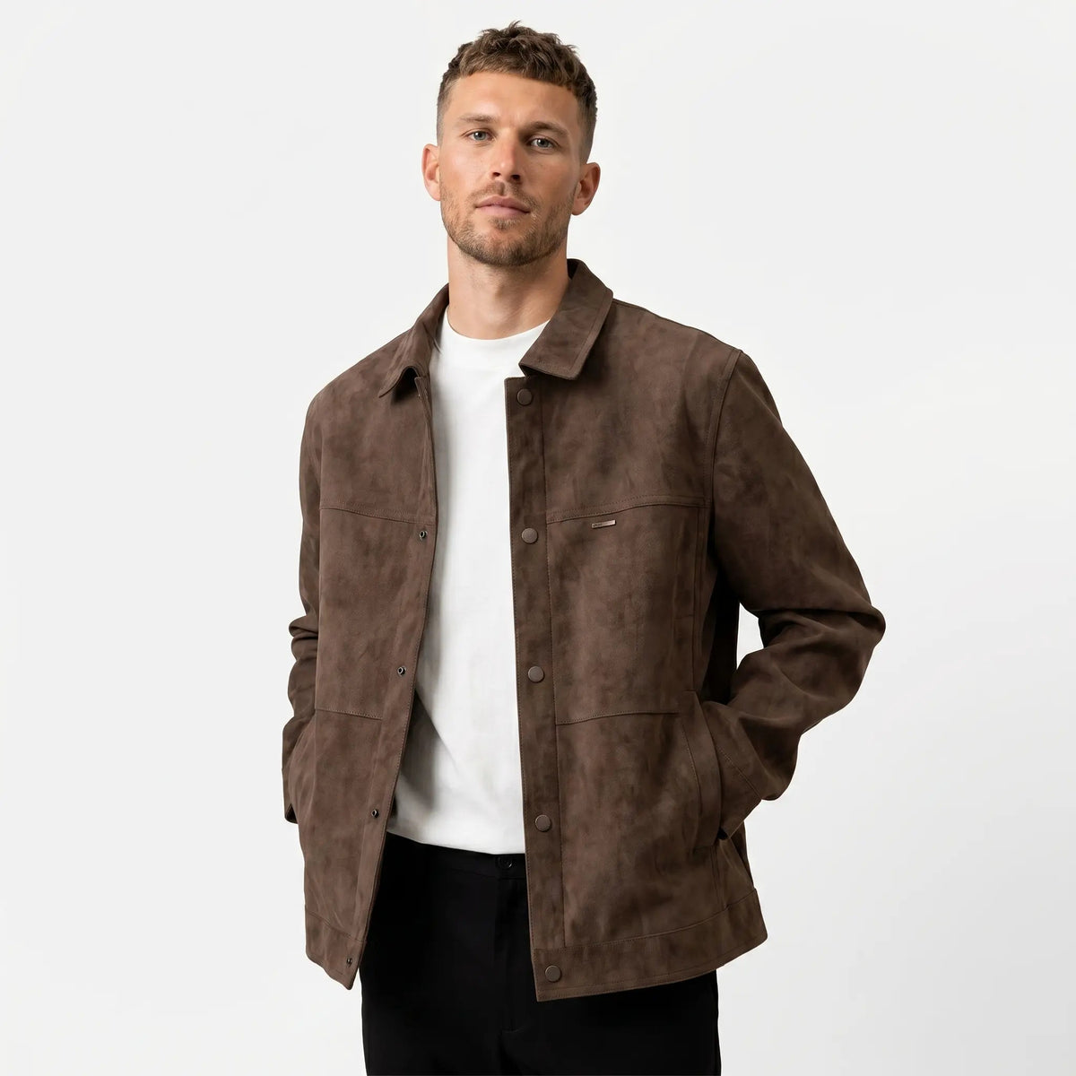 Men's Shacket Suede-Look Snap Front Spread Collar Fall Edenforth