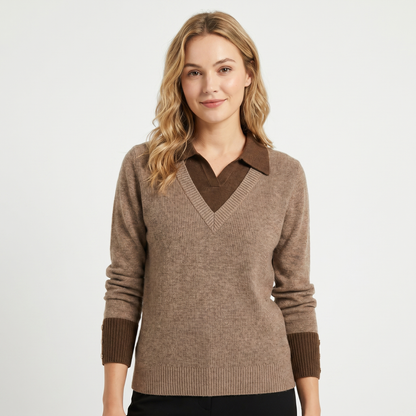 Women's Sweater V-Neck Faux Layered Winter Shirt Collar Edenforth