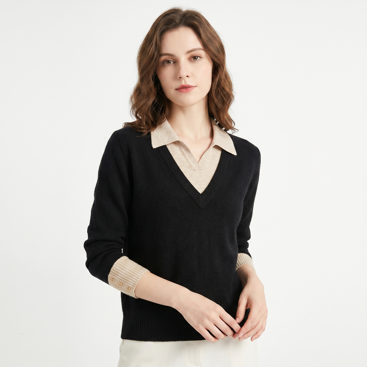 Women's Sweater V-Neck Faux Layered Winter Shirt Collar Edenforth