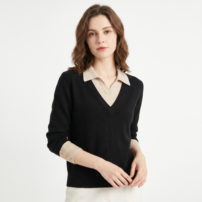 Women's Sweater V-Neck Faux Layered Winter Shirt Collar Edenforth