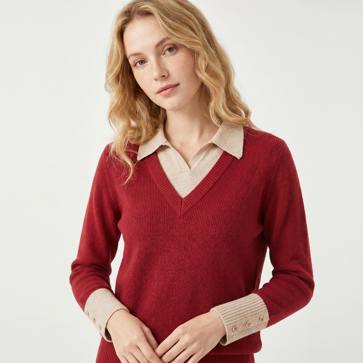 Women's Sweater V-Neck Faux Layered Winter Shirt Collar Edenforth