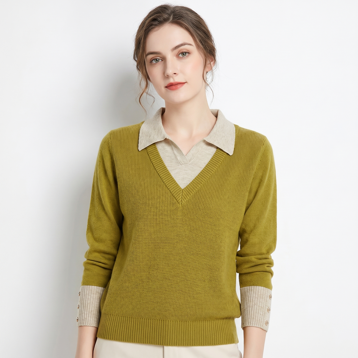 Women's Sweater V-Neck Faux Layered Winter Shirt Collar Edenforth
