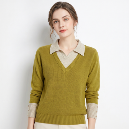 Women's Sweater V-Neck Faux Layered Winter Shirt Collar Edenforth