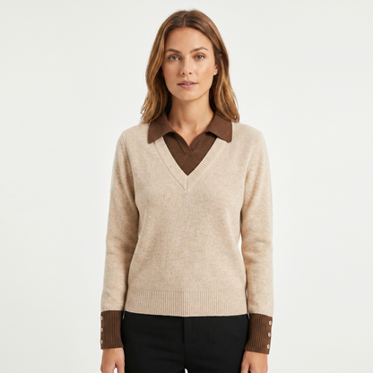 Women's Sweater V-Neck Faux Layered Winter Shirt Collar Edenforth