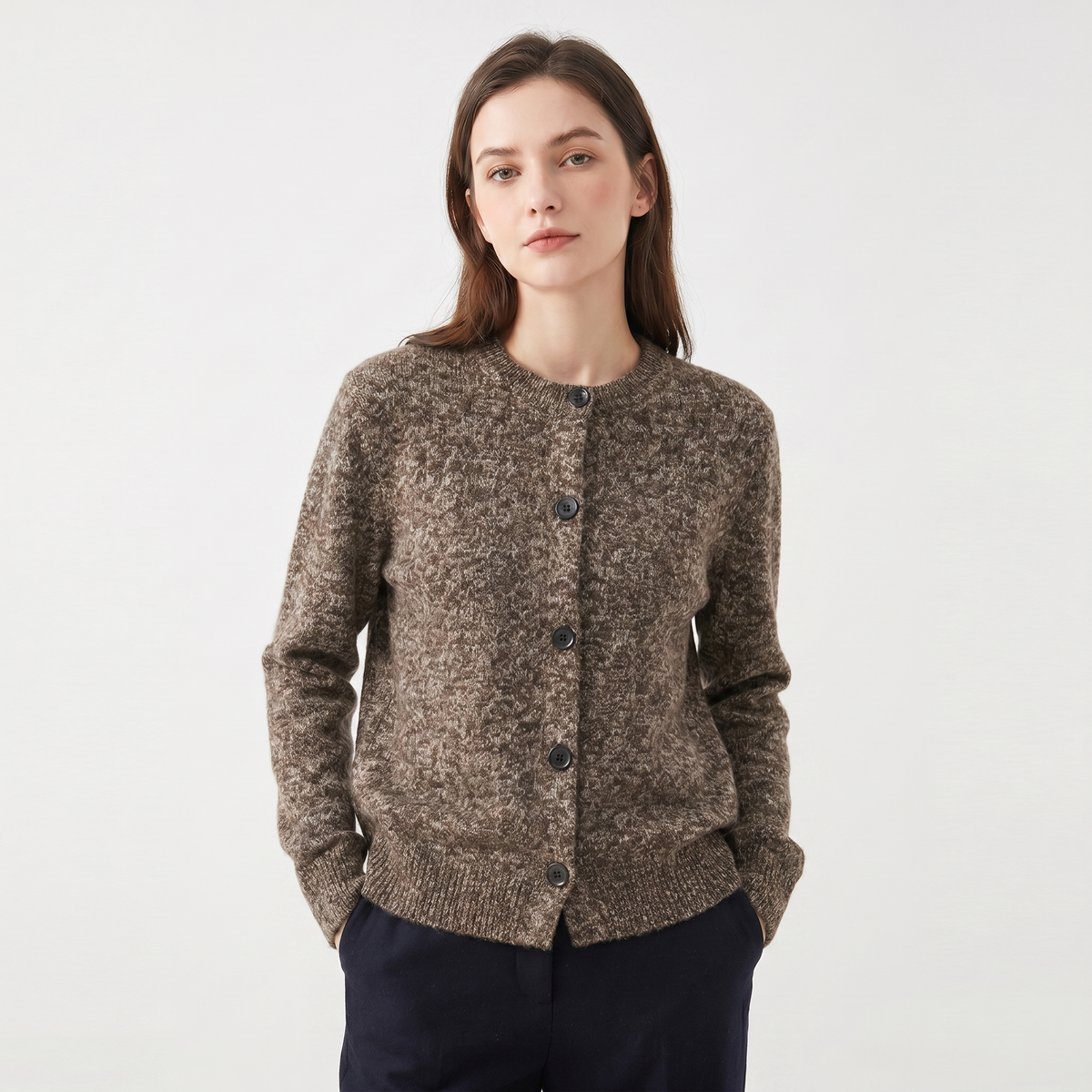 Women's Winter Cardigan Marl Knit Button-Through Crew-Neck Edenforth