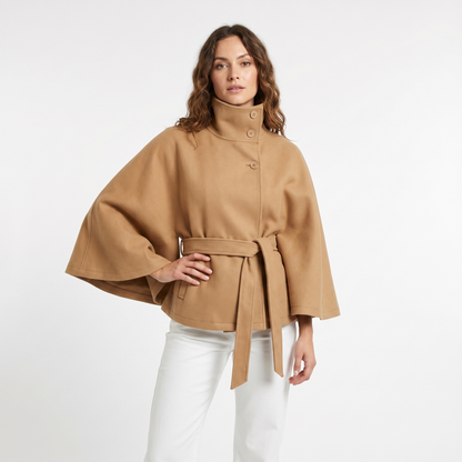 Women's Cape Winter Jacket Belted Wool-Look Funnel-Neck Cropped Edenforth