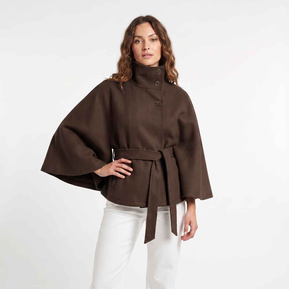 Women's Cape Winter Jacket Belted Wool-Look Funnel-Neck Cropped Edenforth