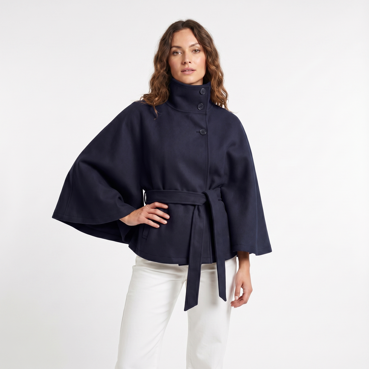 Women's Cape Winter Jacket Belted Wool-Look Funnel-Neck Cropped Edenforth