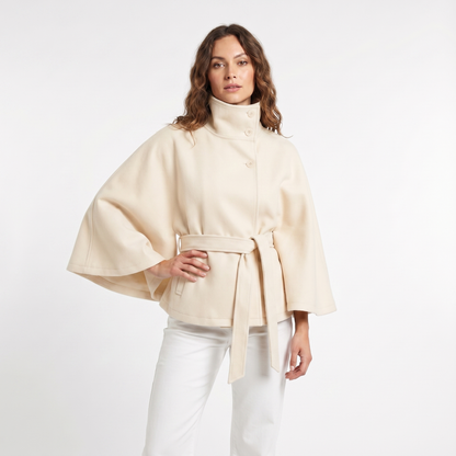 Women's Cape Winter Jacket Belted Wool-Look Funnel-Neck Cropped Edenforth