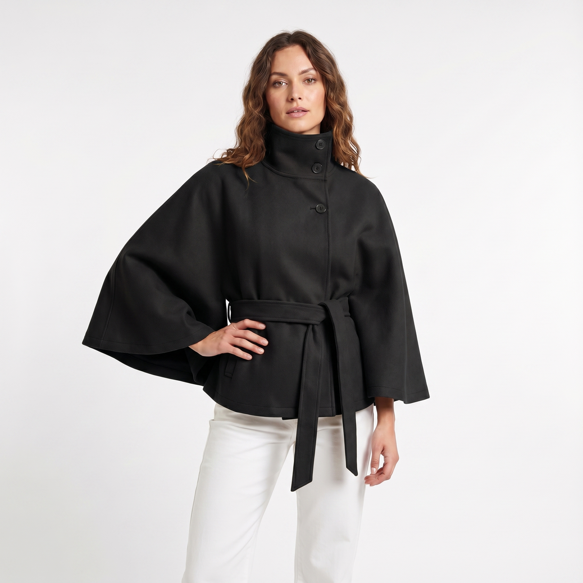 Women's Cape Winter Jacket Belted Wool-Look Funnel-Neck Cropped Edenforth