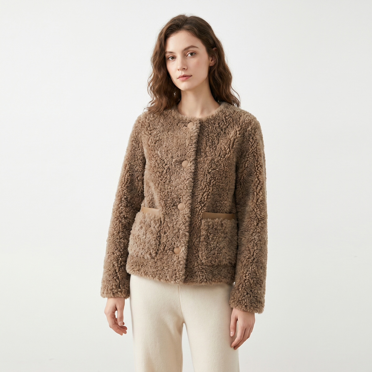 Women's Sherpa Winter Jacket Cropped Collarless Teddy Patch Pocket Edenforth
