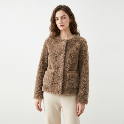Women's Sherpa Winter Jacket Cropped Collarless Teddy Patch Pocket Edenforth
