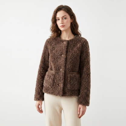 Women's Sherpa Winter Jacket Cropped Collarless Teddy Patch Pocket Edenforth