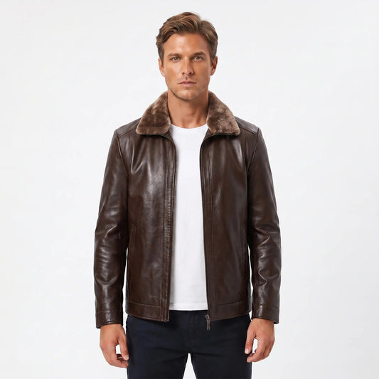 Men's Leather Fall Jacket Slim-Fit Café Racer Band Collar Zip-Up Edenforth