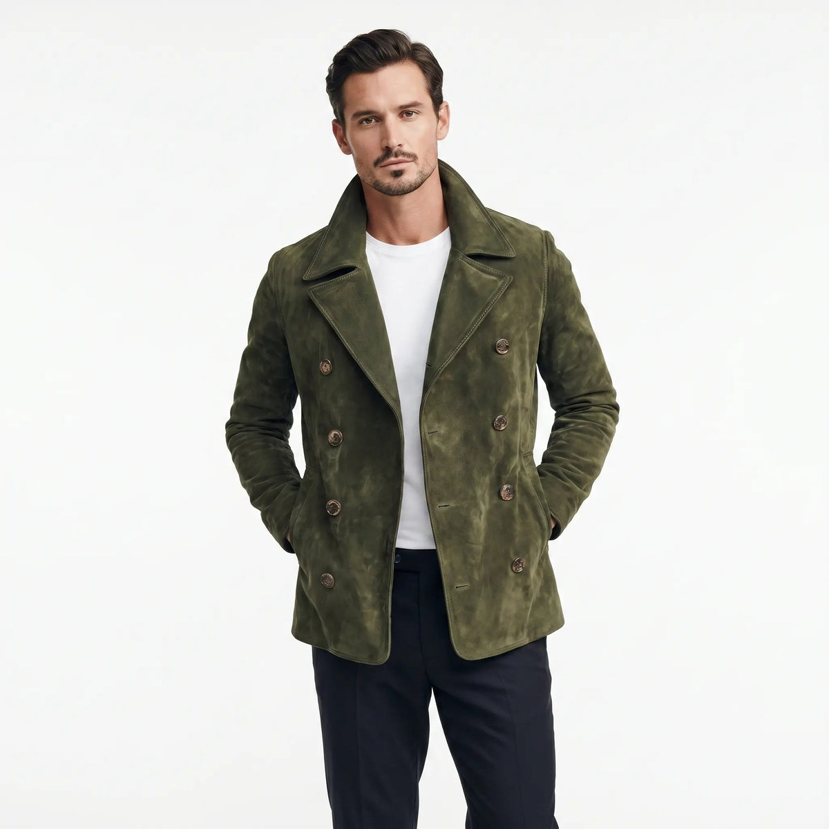 Men's Suede Peacoat Double-Breasted Notch Lapel Antique Button Edenforth