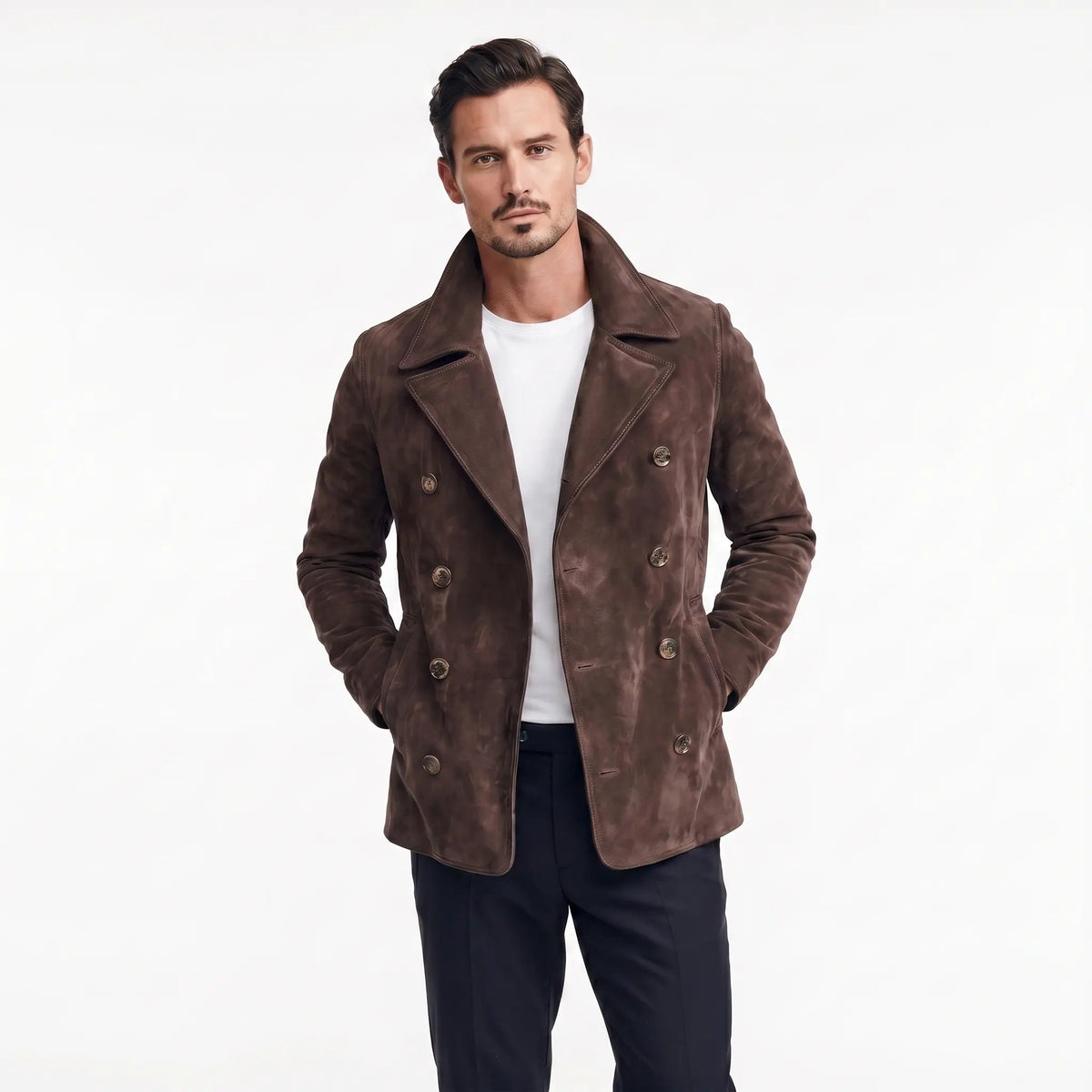 Men's Suede Peacoat Double-Breasted Notch Lapel Antique Button Edenforth