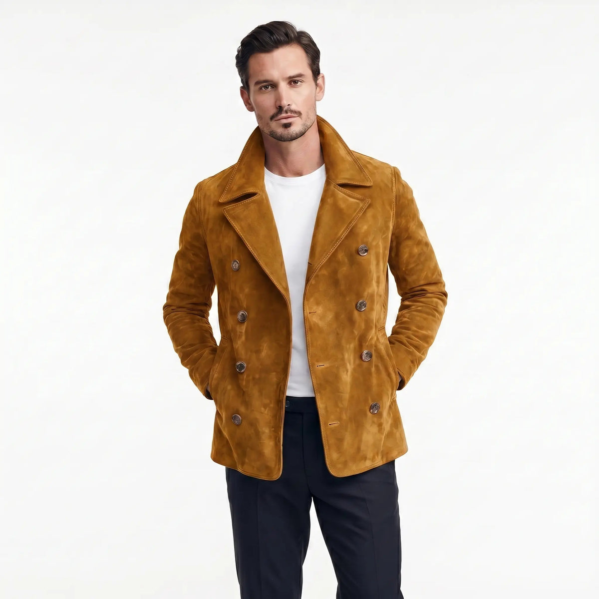 Men's Suede Peacoat Double-Breasted Notch Lapel Antique Button Edenforth