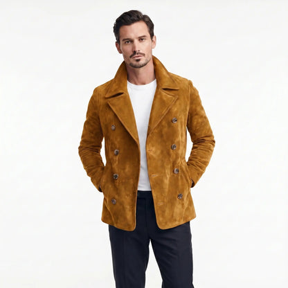 Men's Suede Peacoat Double-Breasted Notch Lapel Antique Button Edenforth