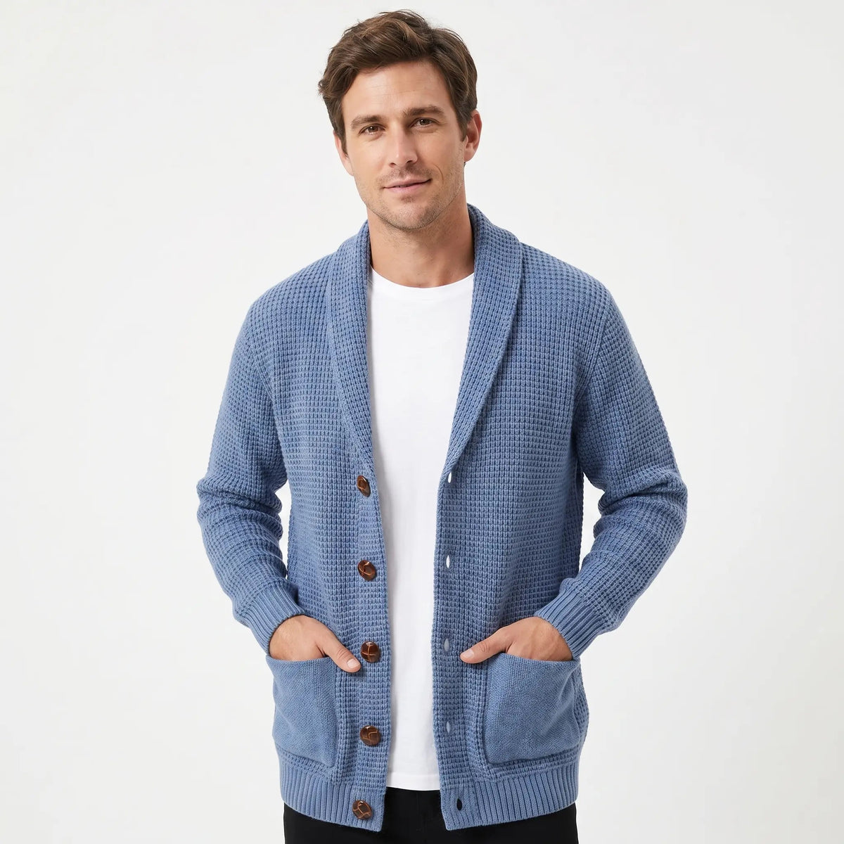 Men's Winter Cardigan Shawl Collar Waffle Knit Button-Through Patch Pocket Edenforth