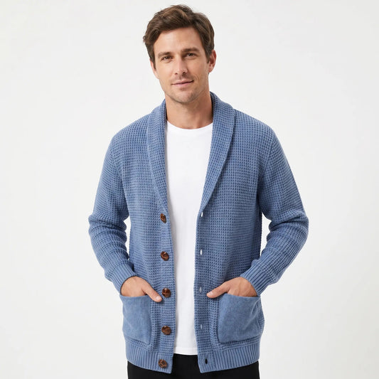 Men's Winter Cardigan Shawl Collar Waffle Knit Button-Through Patch Pocket Edenforth