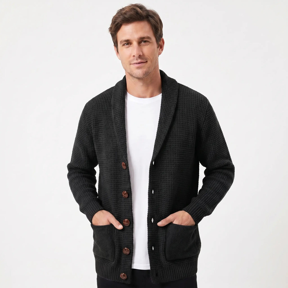Men's Winter Cardigan Shawl Collar Waffle Knit Button-Through Patch Pocket Edenforth