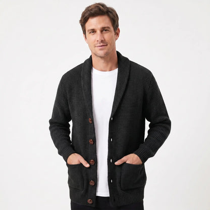 Men's Winter Cardigan Shawl Collar Waffle Knit Button-Through Patch Pocket Edenforth