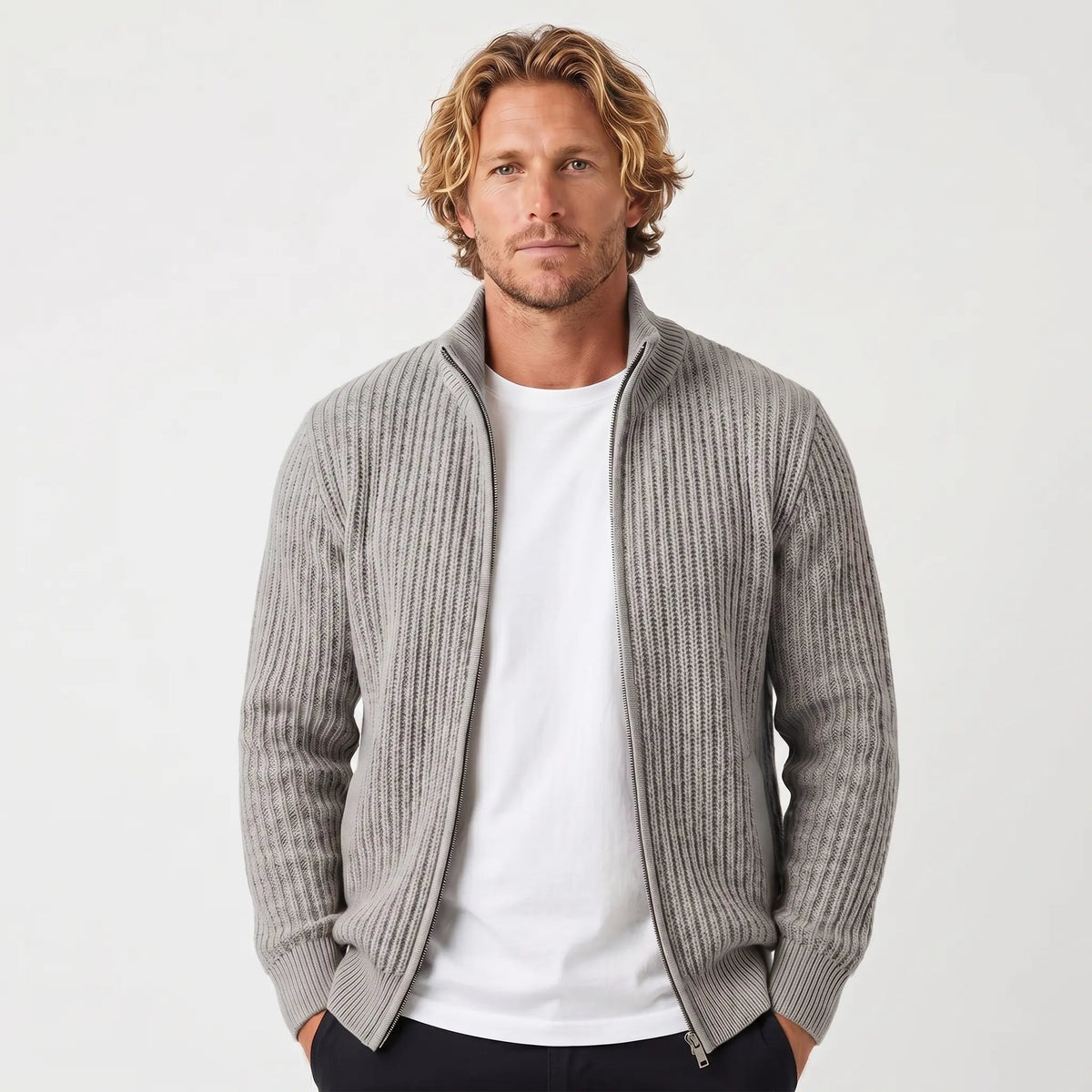 Men's Chunky Cardigan Ribbed Zip-Up Funnel-Neck Knit Winter Jacket Edenforth