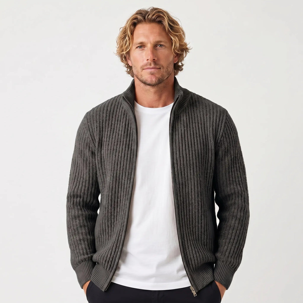 Men's Chunky Cardigan Ribbed Zip-Up Funnel-Neck Knit Winter Jacket Edenforth