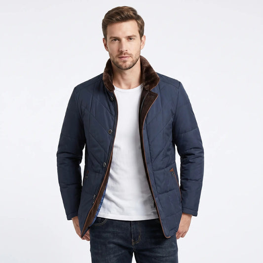 Men's Winter Coat Quilted Fur Collar Contrast Trim Button-Zip Edenforth