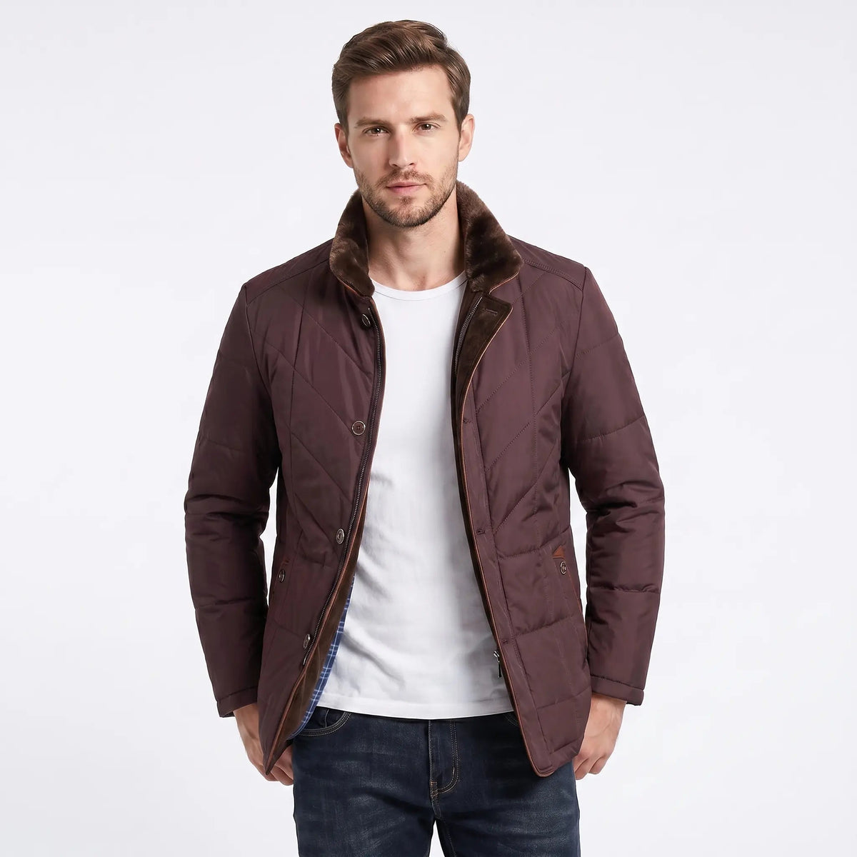 Men's Winter Coat Quilted Fur Collar Contrast Trim Button-Zip Edenforth