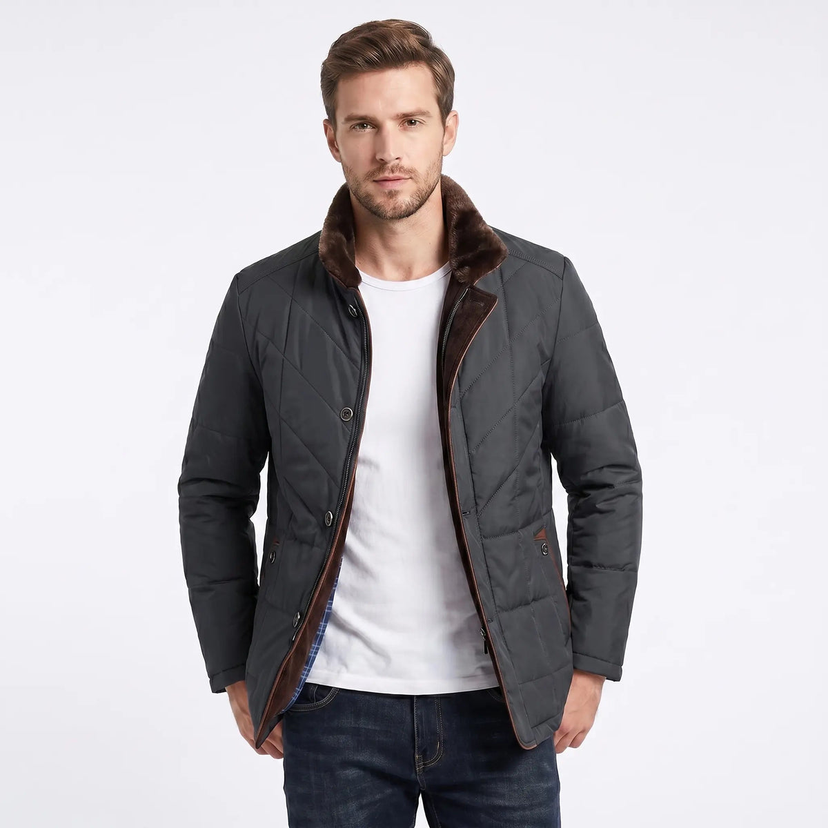 Men's Winter Coat Quilted Fur Collar Contrast Trim Button-Zip Edenforth